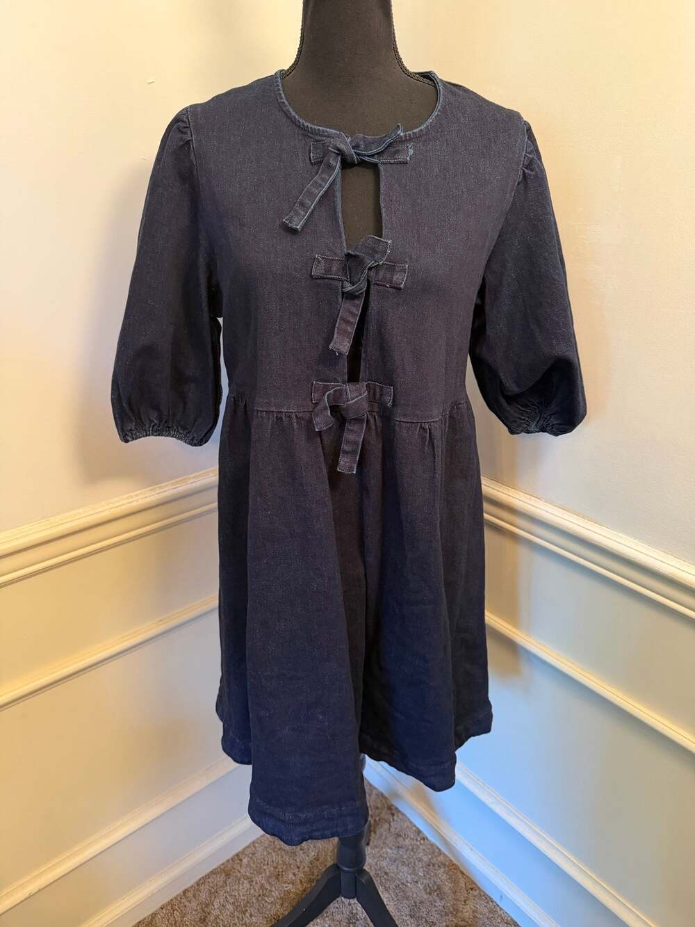 Aaron & Amber Dark Wash Denim Tie-Front Babydoll Mini Dress Western Cowgirl
